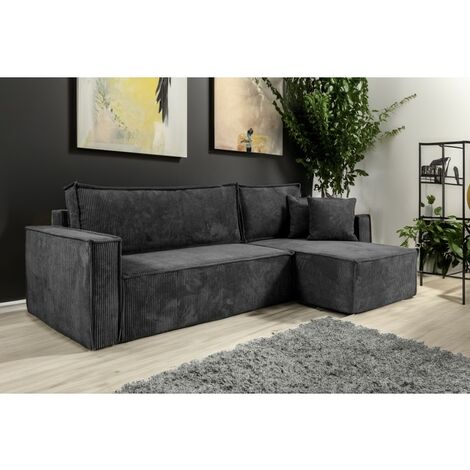 Tendencio – Canapé d'angle convertible en velours côtelé gris foncé – Dimensions L240 x P150 x H72 cm – Coffre de rangement – Réversible