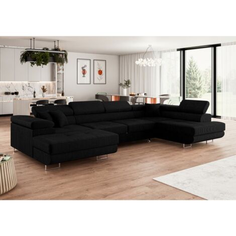 Tendencio – Canapé d'angle panoramique convertible en U – Velours côtelé noir – Longueur 345 cm – Largeur 202 cm – Surface de couchage 270 x 125 cm (1/2)