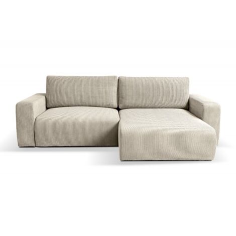 Tendencio – Canapé d’angle convertible 2 places – Velours côtelé beige – Couchage 125 × 215 cm – Angle réversible – Coffre de rangement spacieux (1/2)