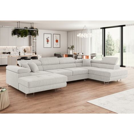 Tendencio – Canapé d'angle panoramique en U velours côtelé beige – Longueur 345 cm – Largeur 202 cm – Têtières réglables – Coffre de rangement (1/2)