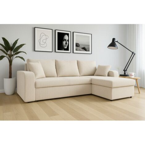 Tendencio – Canapé d'angle convertible 235 cm – Velours côtelé beige – Couchage 200 x 130 cm – Coffre de rangement intégré – Confort optimal (1/2)