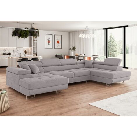 Tendencio – Canapé d'angle convertible en U – Têtières réglables – Tissu beige – Longueur 345 cm – Largeur couchage 270 x 125 cm (1/3)