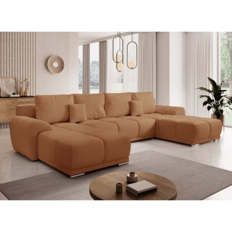 Canapé d'angle Panoramique convertible BELUGIA U terracotta en tissu anti tâche hydrophobe terracotta (1/2)