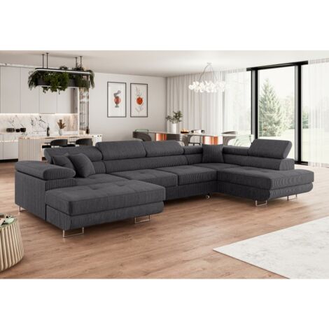 Tendencio – Canapé d'angle convertible panoramique gris foncé – 3 places – Mousse haute densité T-2844 – Coffre de rangement – Têtières réglables (1/2)