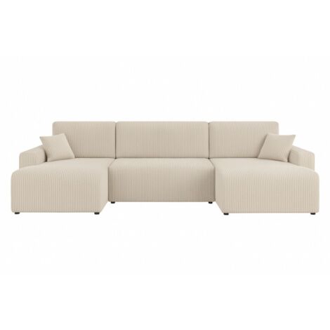 Tendencio – Canapé d'angle panoramique convertible en U – Velours côtelé beige – 312 cm x 145 cm – Compartiment de rangement – Coussins déhoussables (1/2)