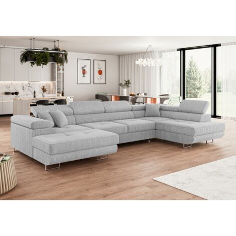 Tendencio – Canapé d'angle convertible gris clair – 3 places – Longueur 345 cm – Surface de couchage 270 x 125 cm – Mousse T-2844 haute densité (1/4)