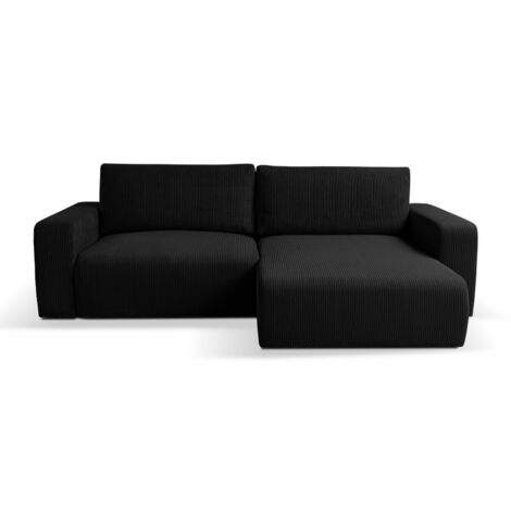 Tendencio – Canapé d’angle convertible 2 places – Velours côtelé noir – Couchage 125 × 215 cm – Coffre de rangement – Angle réversible (1/2)