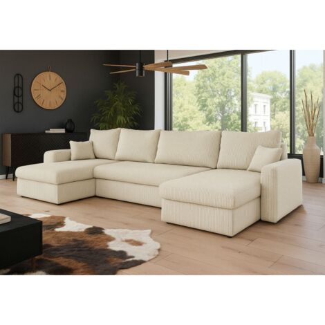 Tendencio – Canapé d'angle convertible en U velours côtelé beige – Dimensions 304x140cm – Surface de couchage 268x130cm – Coffre de rangement