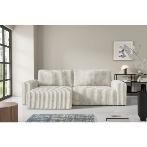Tendencio – Canapé d'angle convertible 4 places en velours côtelé beige – Coffre de rangement – Angle réversible – Couchage 132 x 210 cm (1/2)