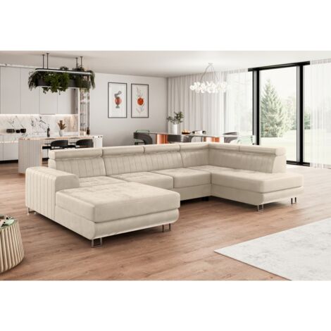 Tendencio – Canapé d'angle panoramique convertible SINEA U 335x190 cm – Têtières réglables – Mousse T30 + HR – Espace de rangement literie (1/2)