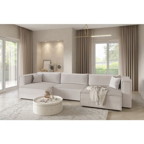 Tendencio – Canapé d'angle convertible en U – Velours côtelé beige – Longueur 348 cm – Surface de couchage 136 x 300 cm – Rangement intégré (1/3)