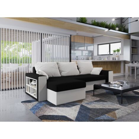 Canapé d’angle convertible JORKIA – avec étagère intégrée Noir et Blanc (1/4)