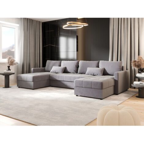 Tendencio – Canapé d'angle panoramique en U – 285 cm large – Convertible avec fonction couchage – Rangement intégré – Tissu doux gris clair (1/3)