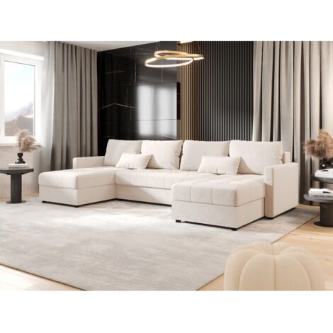 Tendencio – Canapé d’angle panoramique convertible en U – 285 cm large – 220 x 135 cm couchage – Rangement intégré – Tissu doux beige (1/4)