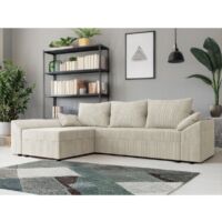 Tendencio – Canapé d'angle convertible en velours côtelé beige – Dimensions 248x139cm – Surface de couchage 200x130cm – Avec tiroir de rangement