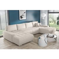 Tendencio – Canapé d'angle panoramique en U convertible – Tissu 100% polyester – Lit 300x140 cm – Coffre de rangement – Design moderne beige
