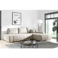 Tendencio – Canapé d'angle convertible 265x185 cm – Coffre de rangement – Assise en mousse T30 – Dossier en mousse T25 – Tissu 100% polyester (Beige)