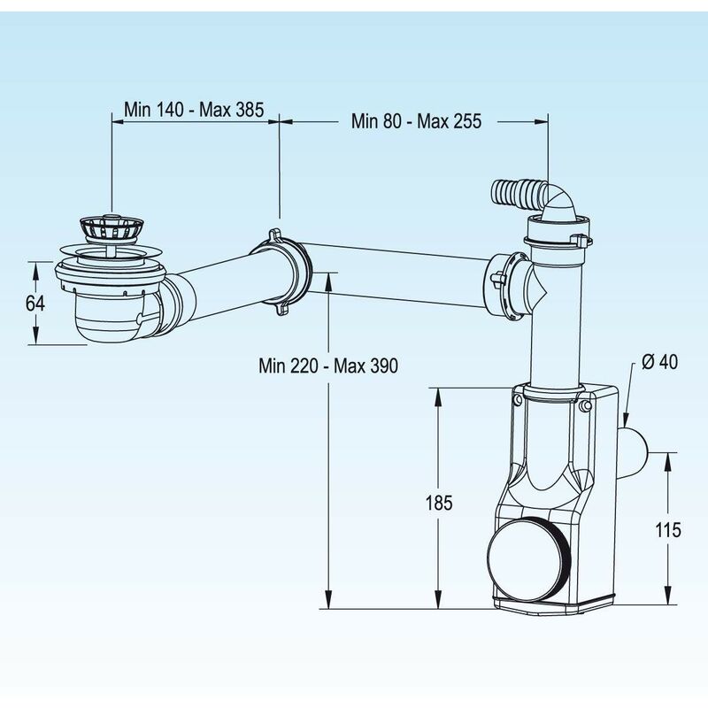 KIT Siphon gain de place pour éviers avec bonde gain de place LIRA Spazio  1NT