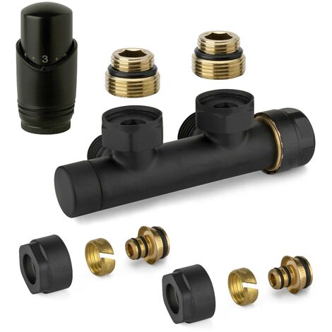Kit vanne thermostatique carrée H noire avec adaptateur pour tubes multicouches Ø16mm – Connexion 1/2" x 3/4" – Laiton résistant – Température de fonctionnement -20°C à 110°C – APM