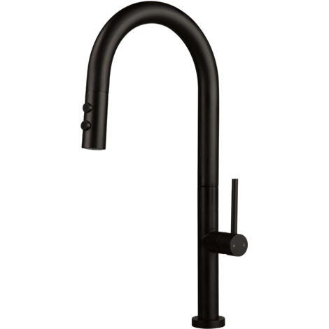 Mitigeur d'évier de cuisine avec bec haut arqué et douchette extractible à double jet Deante OLFATO BQON72M Noir mat (1/5)