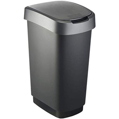 Poubelle de tri TWIST 50l H602xL298xP401mm noir couvercle bord argent foncé ROTHO