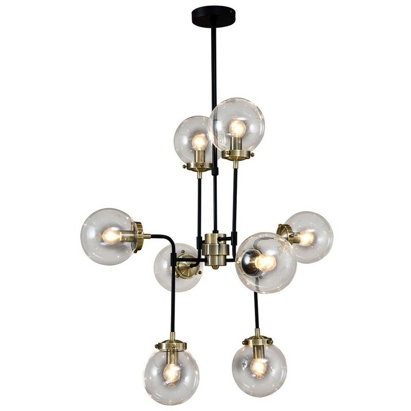 Italux Odelia - Colgante industrial y retro colgante fijo de bronce antiguo, negro 8 luces con pantalla transparente, E14