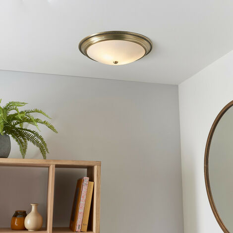 Endon Atlas - 2 Light Flush Deckenleuchte Antik Messing, Acid Glass, E27