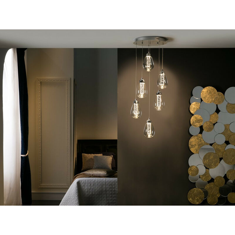 Schuller Taccia - Sospensione a soffitto a goccia a grappolo in cristallo  con 6 luci integrate a LED cromata