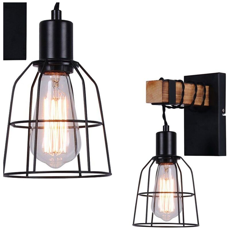 Lampada Da Parete Retro In Legno | Applique Vintage Con Paralume Regolabile | Attacco E27 - Foto 9