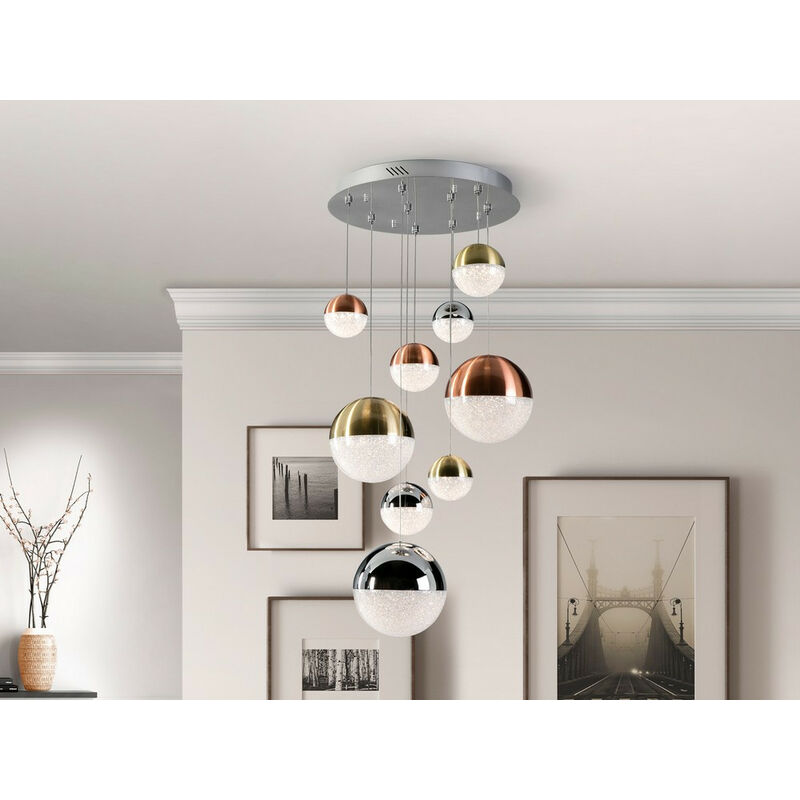 Schuller Sphere - Dimmerabile a 9 luci a LED integrata con luce a  sospensione a grappolo, rame, ottone satinato, cromo, controllo Bluetooth