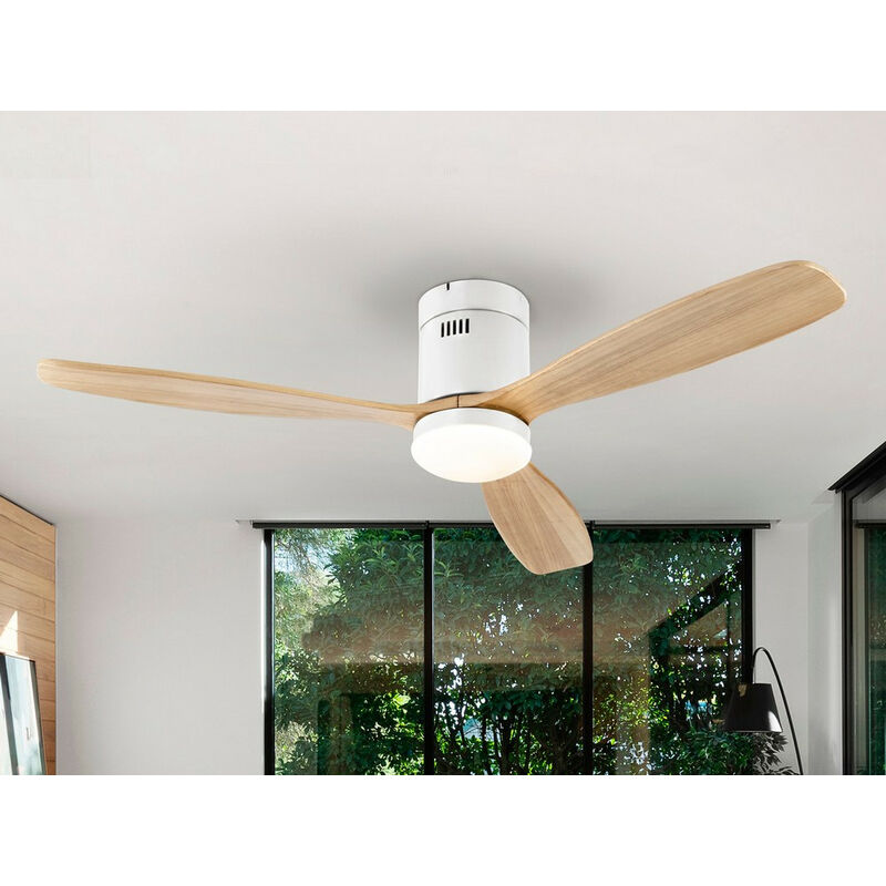 Schuller Siroco Ventilatore da soffitto ultra silenzioso a 6 velocità  bianco opaco, pale in legno con luce LED, telecomando, timer e funzioni  reversibili