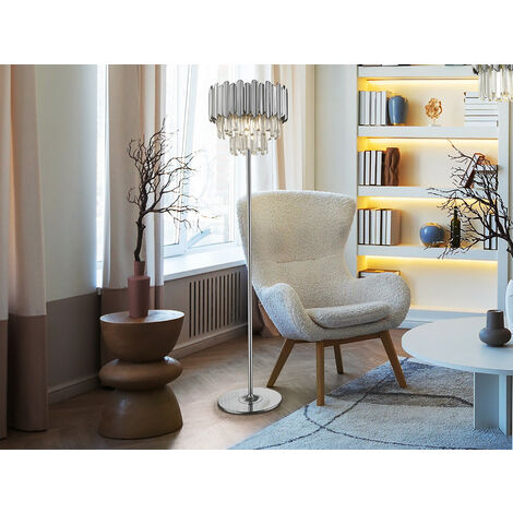 Lampada Da Terra Honoa Moderna, Struttura In Metallo Cromo Nero, Paralume In Tessuto Bianco, 1 Luce E27, Altezza 156 Cm, Senza Lampadina