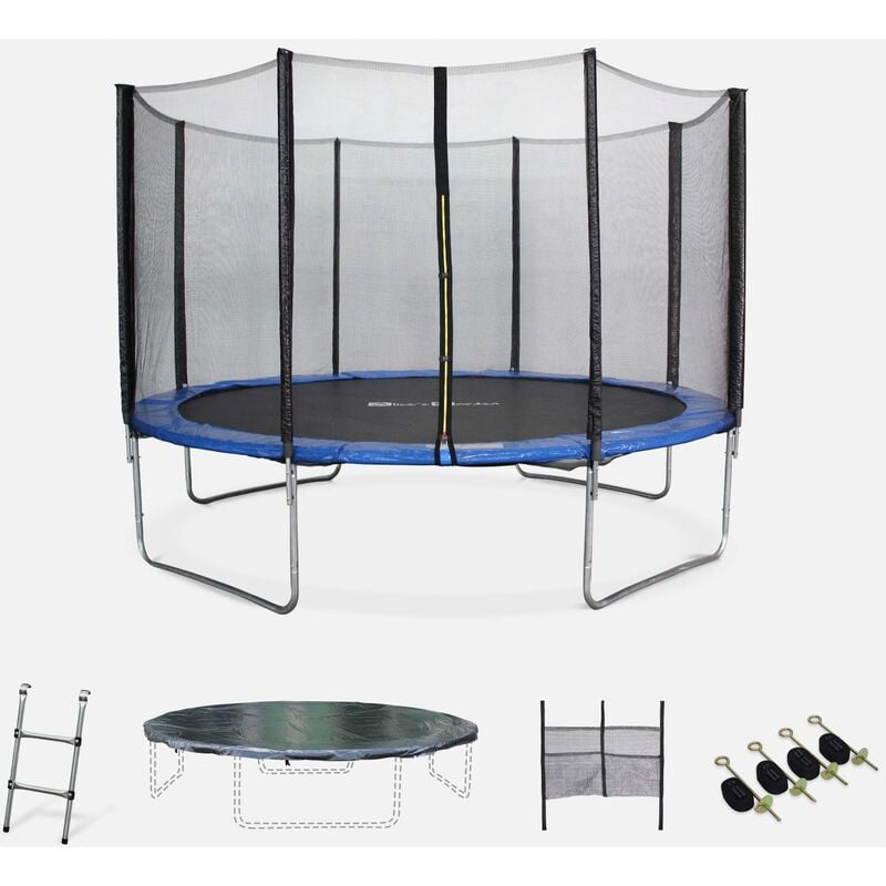 Cama elástica, Trampolín de 370 cm, aguanta hasta 150 kg (estructura reforzada). Incluye: escalera + funda protectora + bolsillo para zapatos+ kit de anclaje - Saturn XXL