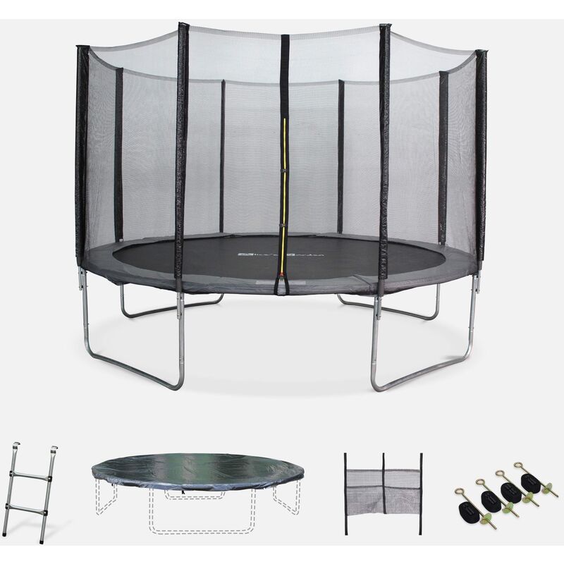 Cama elástica, Trampolín de 370 cm, aguanta hasta 150 kg (estructura reforzada). Incluye: escalera + funda protectora + bolsillo para zapatos+ kit de anclaje - Saturn XXL