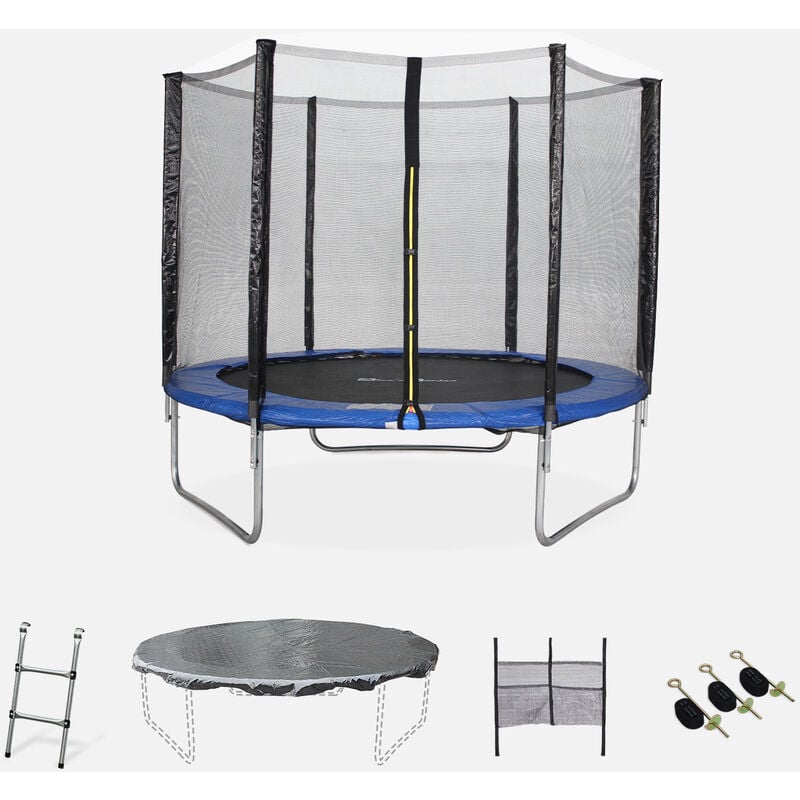 Cama elástica Azul, Trampolín de 245 cm, aguanta hasta 100 kg (estructura reforzada). Incluye: escalera + funda protectora + bolsilla para zapatos + kit de anclaje - Pluton XXL