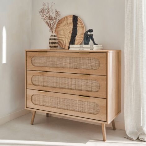Cómoda con efecto madera y caña redondeada, 3 cajones, Eva, Natural