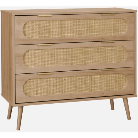 Cómoda con efecto madera y caña redondeada, 3 cajones, Eva, Natural