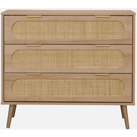 Cómoda con efecto madera y caña redondeada, 3 cajones, Eva, Natural
