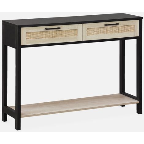 Consola de estilo escandinavo con efecto madera y caña, 100cm, Bianca, Negro, 100x30x75 cm