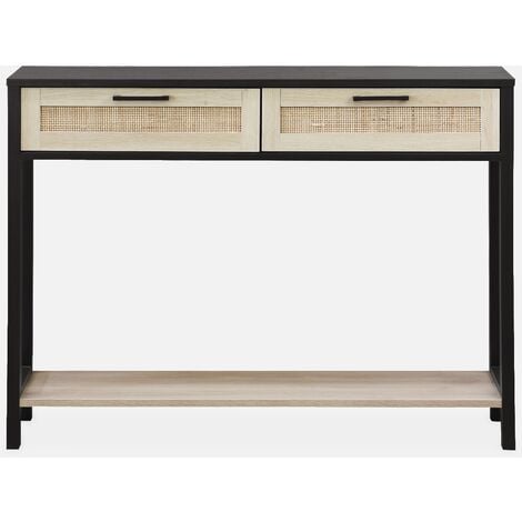 Consola de estilo escandinavo con efecto madera y caña, 100cm, Bianca, Negro, 100x30x75 cm