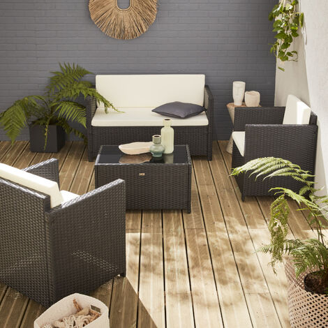 Muebles de jardín, conjunto sofá de exterior, Negro crudo, 4 plazas, rattan sintético, resina trenzada - Perugia