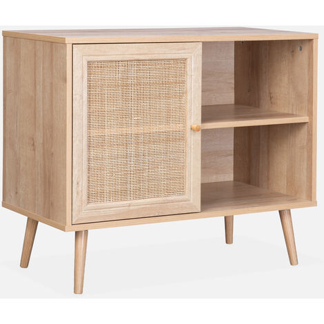 Aparador estilo escandinavo con 1 puerta de caña, 80cm, Boheme, Natural, 80x39x65.8 cm
