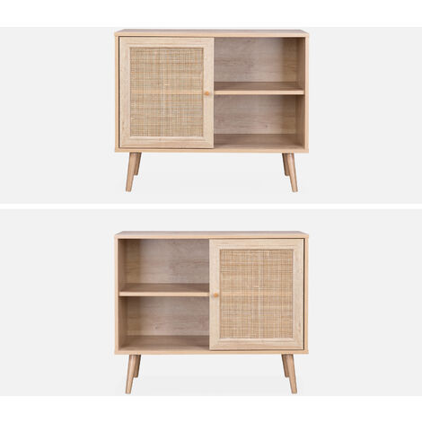 Aparador estilo escandinavo con 1 puerta de caña, 80cm, Boheme, Natural, 80x39x65.8 cm