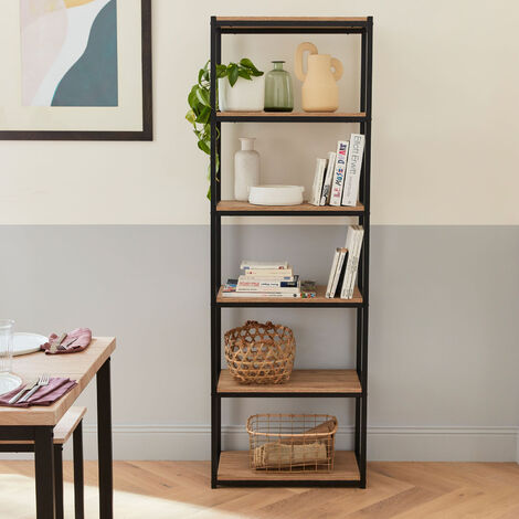 Estantería metal negro y tablero imitación madera - Loft - biblioteca 6  estantes, 60x30x180cm