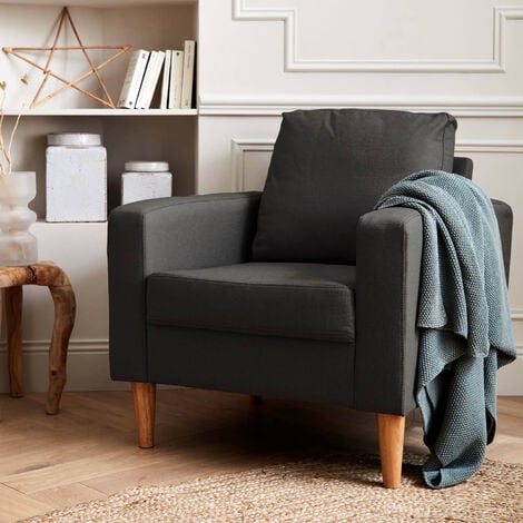 Sillón estilo escandinavo con patas de madera, Bjorn, Gris jaspeado, 78x77x70 cm