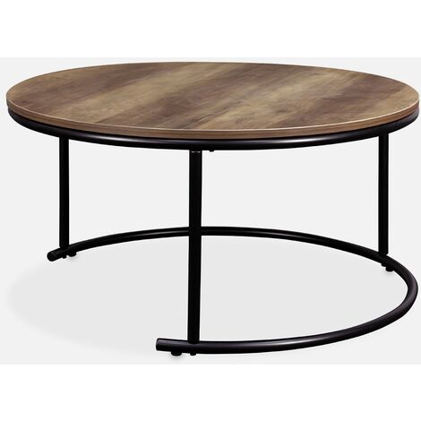 Juego de 3 mesas nido de metal negro, decoración de madera - Loft -  empotrado, 1x100x60x45cm / 2x50x50x38cm