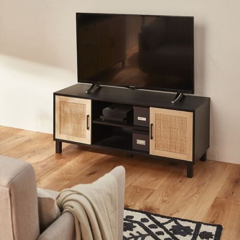 Mueble TV de 160 cm con 2 cajones y 2 puertas correderas - Negro y Natural