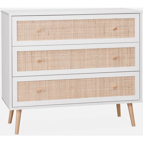Cómoda de caña con 3 cajones, Boheme, Blanco, 90x39x79 cm