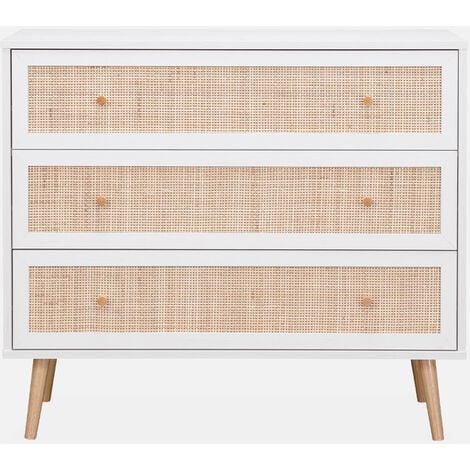 Cómoda de caña con 3 cajones, Boheme, Blanco, 90x39x79 cm