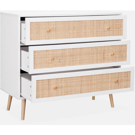 Cómoda de caña con 3 cajones, Boheme, Blanco, 90x39x79 cm